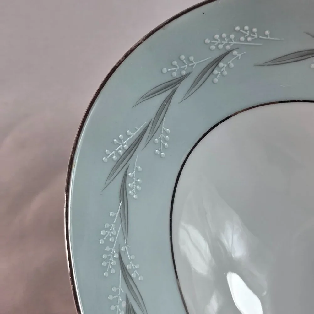 Noritake Sheldon Serving Bowl 10 Inch White with Aqua Band and White Flowers